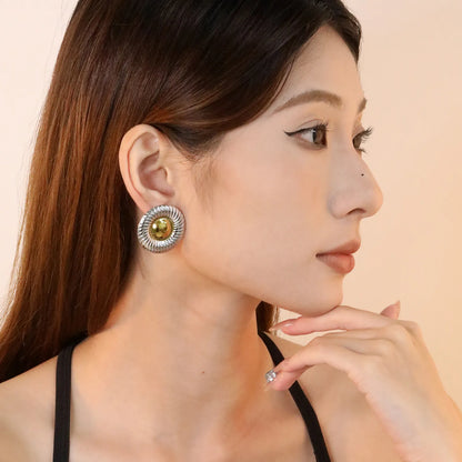 ✨ Wholesale Two-Tone Stainless Steel Ribbed Fried Egg Earrings | 31.5mm Textured Design | Minimalist Abstract Studs