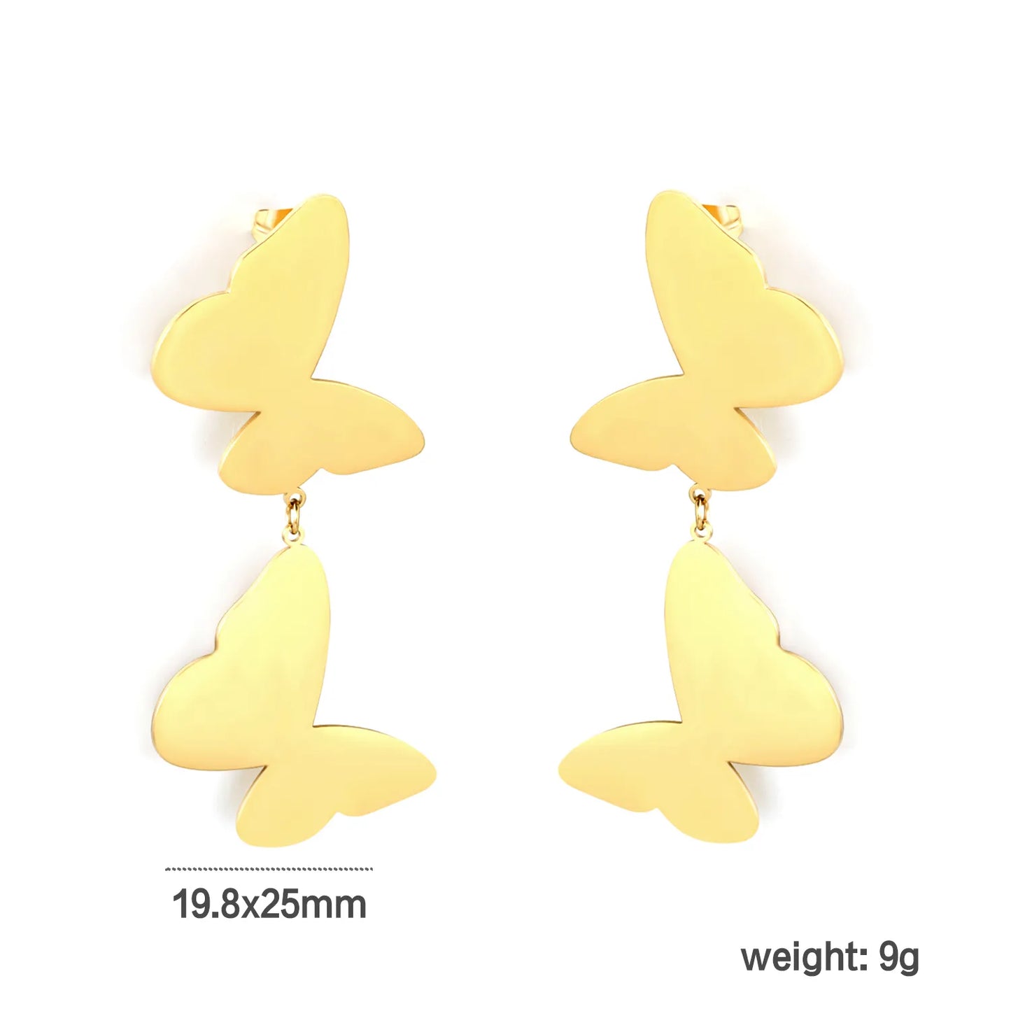 ✨ Wholesale Gold Stainless Steel Swing Fringe Butterfly Earrings | 19.8*25mm Smooth Moving Design | Dangling Ear Studs
