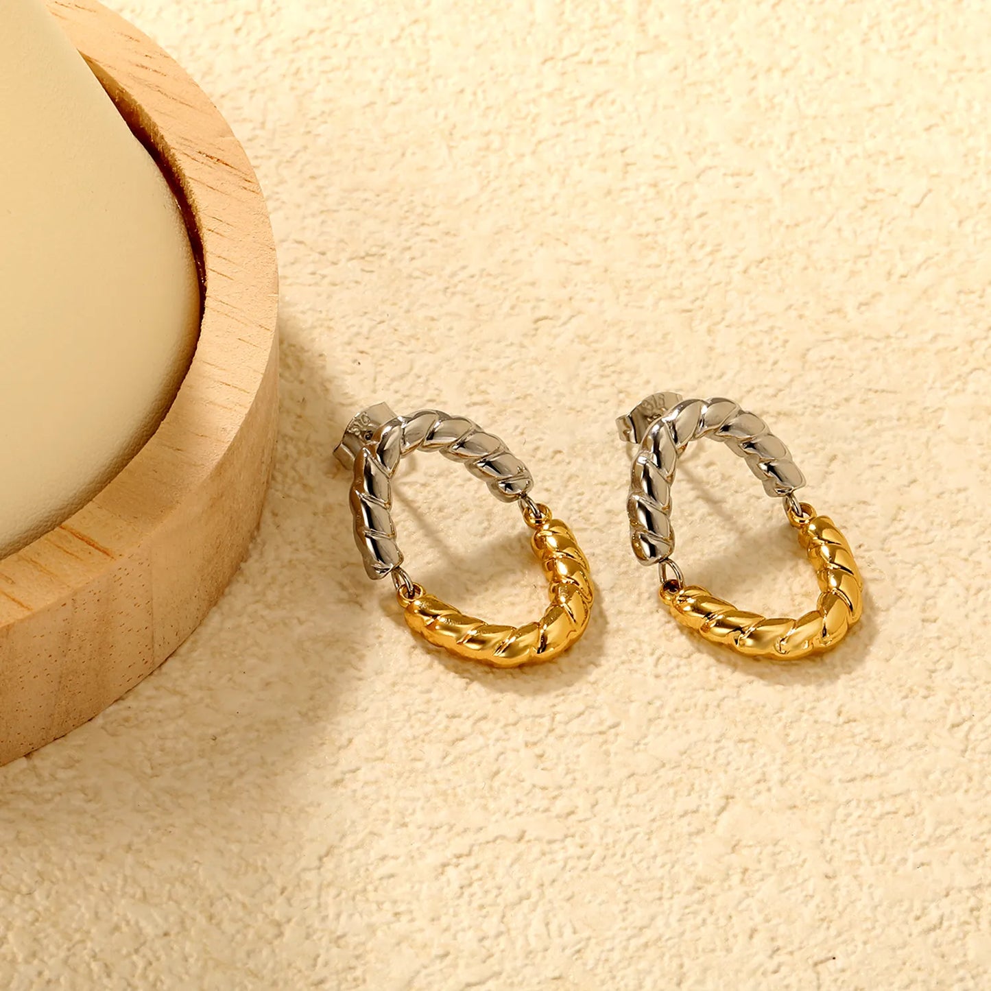 ✨🌟 Wholesale 17x26mm Twisted Oval Studs | Two-Tone Gold | Stainless Steel Earrings