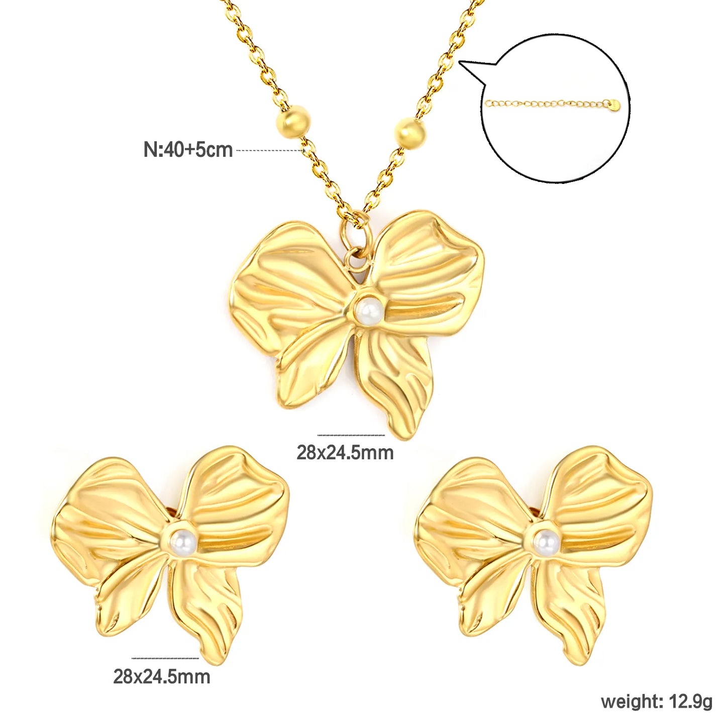 ✨🎀 Wholesale Gold Stainless Steel Pearl Bow Set | 28*24.5mm Earrings & Pendant | 0.4mm Beaded Twist Chain 40+5cm with 6mm Lobster Clasp