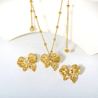 ✨🎀 Wholesale Gold Stainless Steel Pearl Bow Set | 28*24.5mm Earrings & Pendant | 0.4mm Beaded Twist Chain 40+5cm with 6mm Lobster Clasp