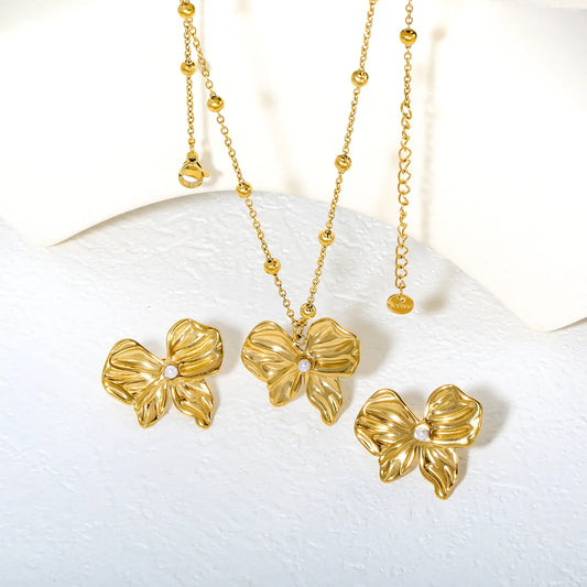 ✨🎀 Wholesale Gold Stainless Steel Pearl Bow Set | 28*24.5mm Earrings & Pendant | 0.4mm Beaded Twist Chain 40+5cm with 6mm Lobster Clasp
