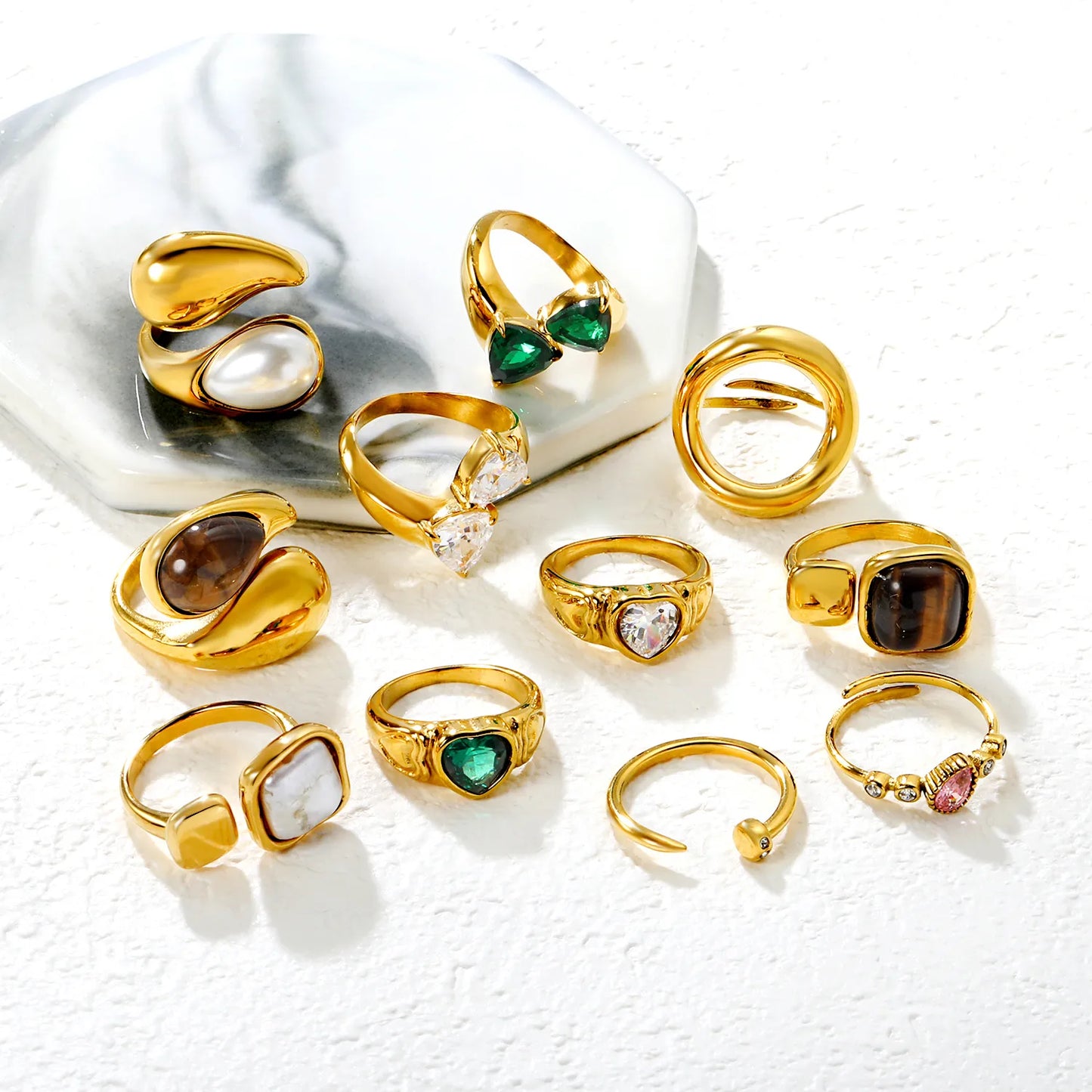 ✨ 18K Gold PVD Premium Zircon/Natural Resins Ring Wholesale (MOQ 10+) | Stainless Steel Hypoallergenic Bands 🌍 | Stackable & Statement Rings