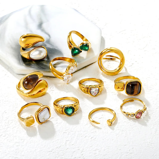 ✨ 18K Gold PVD Premium Zircon/Natural Resins Ring Wholesale (MOQ 10+) | Stainless Steel Hypoallergenic Bands 🌍 | Stackable & Statement Rings