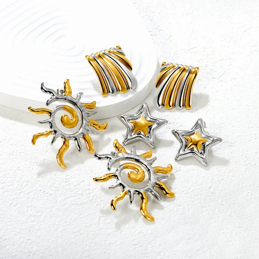 ✨  18K Gold PVD Sun and Star Series Stud Oversized  Earrings Wholesale (MOQ 10+ Pairs) | Stainless Steel Hypoallergenic 🌍 | Large 8-12mm Luxury Ear Studs