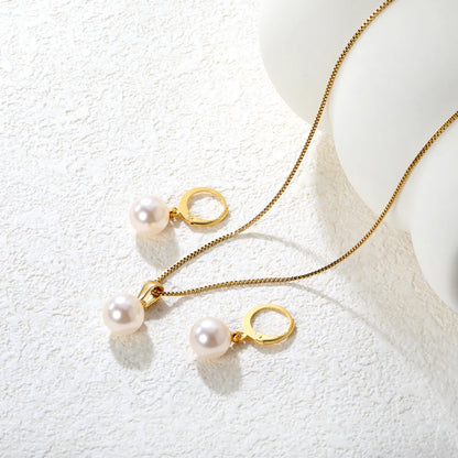 ✨ Wholesale Gold Stainless Steel Pearl-like Jewelry Set | 10mm Earrings & Pendant | Box Chain 40+5cm with Lobster Clasp