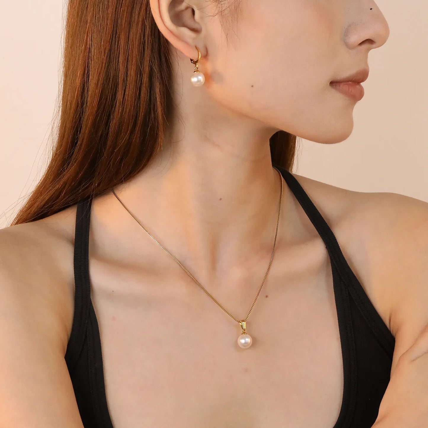✨ Wholesale Gold Stainless Steel Pearl-like Jewelry Set | 10mm Earrings & Pendant | Box Chain 40+5cm with Lobster Clasp