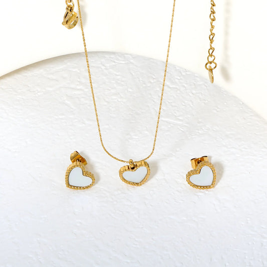 ✨ Wholesale Gold Stainless Steel Mother-of-Pearl Heart Set | 10.7*9.7mm Earrings & Pendant | 0.3mm Twist Chain 40+5cm with 6mm Lobster Clasp