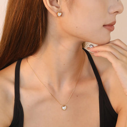 ✨ Wholesale Gold Stainless Steel Mother-of-Pearl Heart Set | 10.7*9.7mm Earrings & Pendant | 0.3mm Twist Chain 40+5cm with 6mm Lobster Clasp