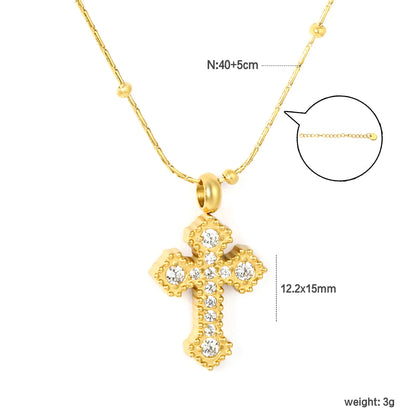✨ Wholesale Gold Stainless Steel CNC Zirconia Cross Necklace | 11.2*15mm Detailed Cross Pendant | 0.3mm Beaded Twist Chain 40+5cm with 6mm Lobster Clasp