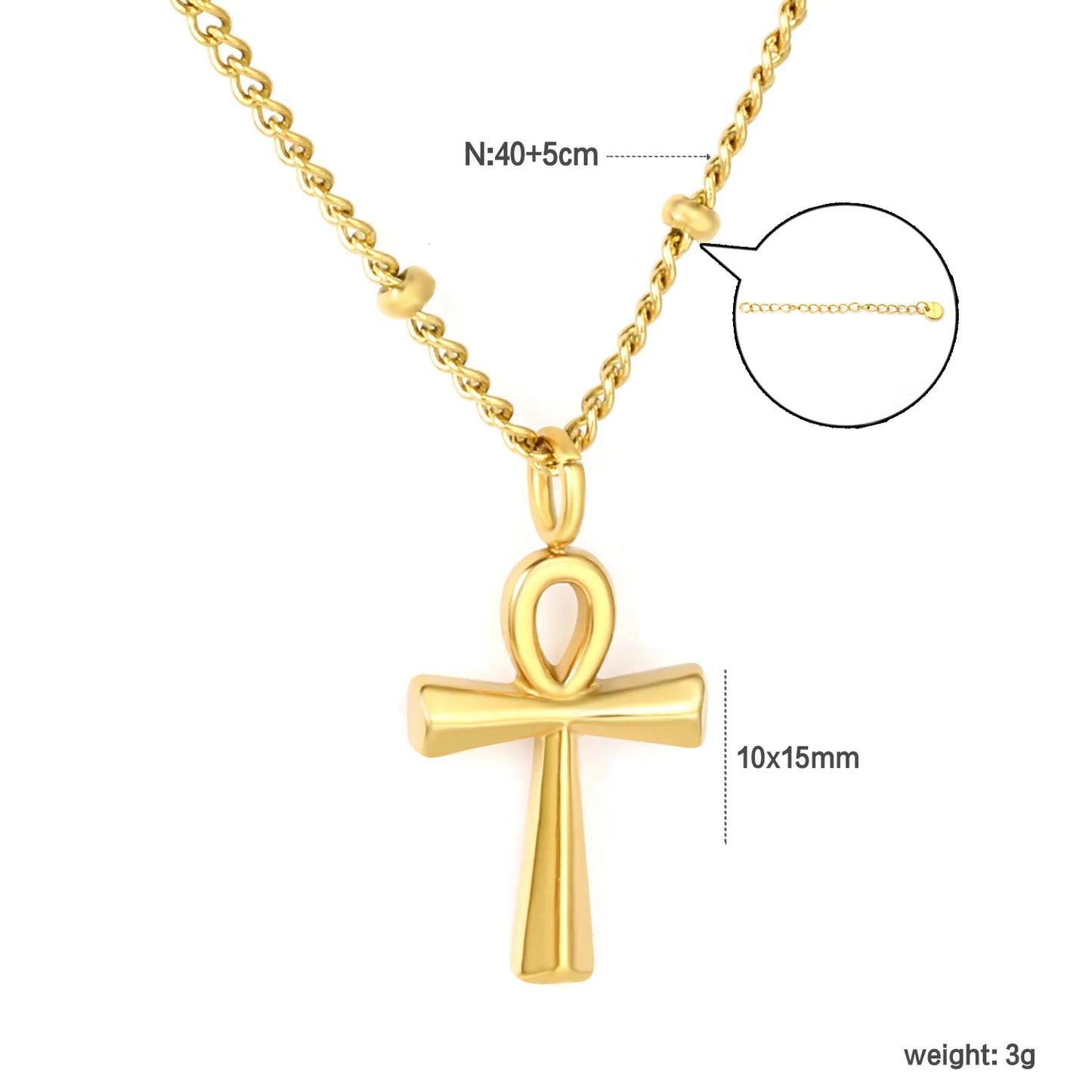 ✨ Wholesale Gold Stainless Steel Egyptian Cross Necklace | 10*15mm Smooth Cross Pendant | 0.4mm Beaded Chain 40+5cm with 6mm Lobster Clasp