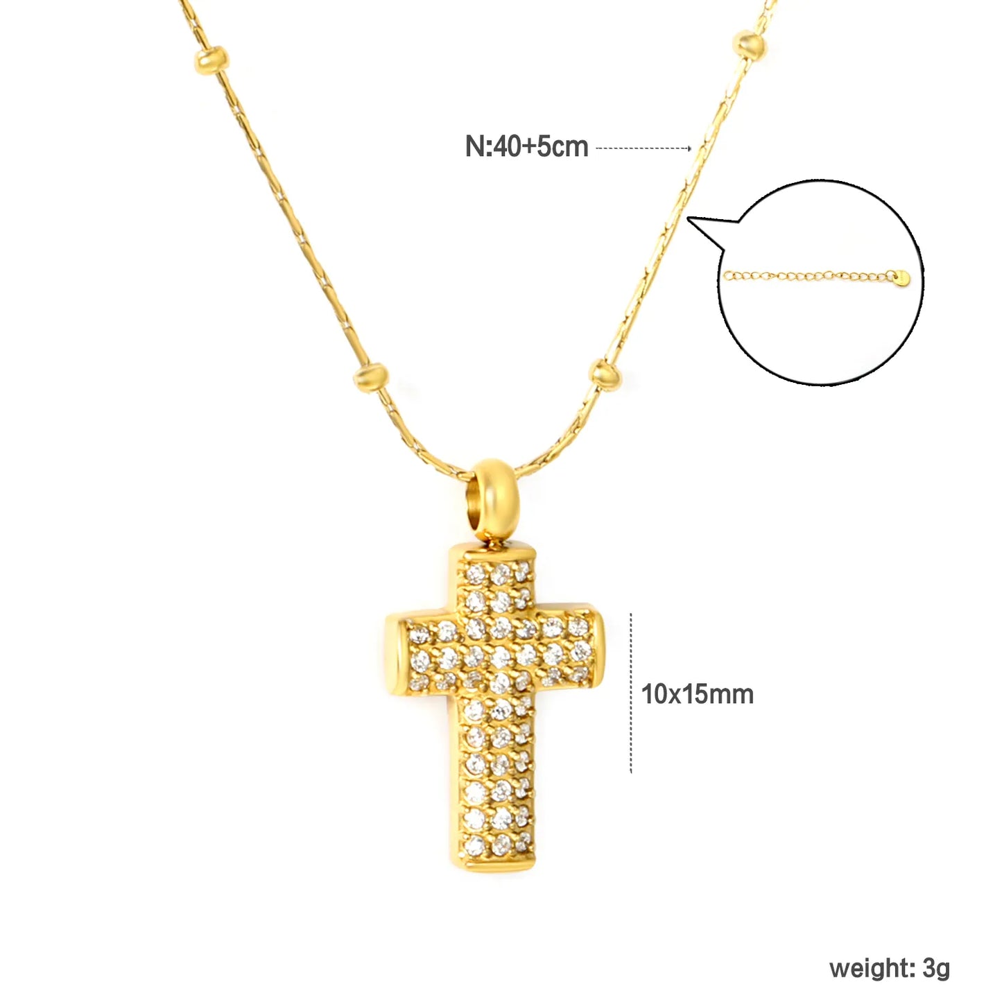 ✨ Wholesale Gold Stainless Steel CNC Zirconia Cross Necklace | 10*15mm Detailed Cross Pendant | 0.3mm Twist Chain 40+5cm with 6mm Lobster Clasp