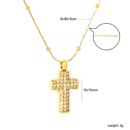 ✨ Wholesale Gold Stainless Steel CNC Zirconia Cross Necklace | 10*15mm Detailed Cross Pendant | 0.3mm Twist Chain 40+5cm with 6mm Lobster Clasp