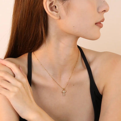 ✨ Wholesale Gold Stainless Steel CNC Zirconia Cross Necklace | 10*15mm Detailed Cross Pendant | 0.3mm Twist Chain 40+5cm with 6mm Lobster Clasp