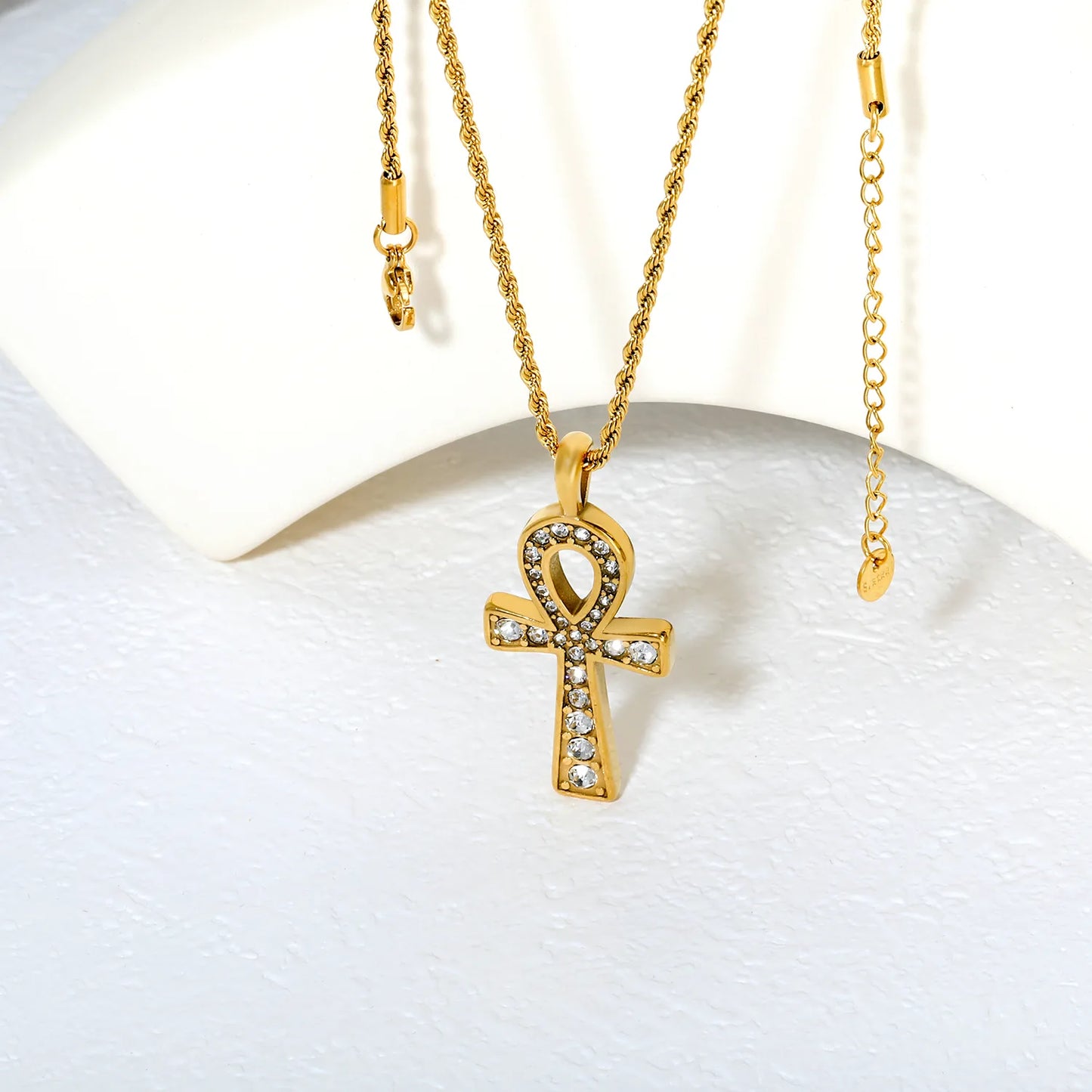✨ Wholesale Gold Stainless Steel Egyptian Cross Necklace | 20.8*37.7mm Cross with White Acrylic Gems | 2mm Twist Chain 50+5cm with 6mm Lobster Clasp