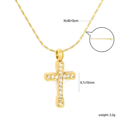✨ Wholesale Gold Stainless Steel CNC Zirconia Cross Necklace | 9.7*15mm Detailed Cross Pendant | 0.3mm Twist Chain 40+5cm with 6mm Lobster Clasp