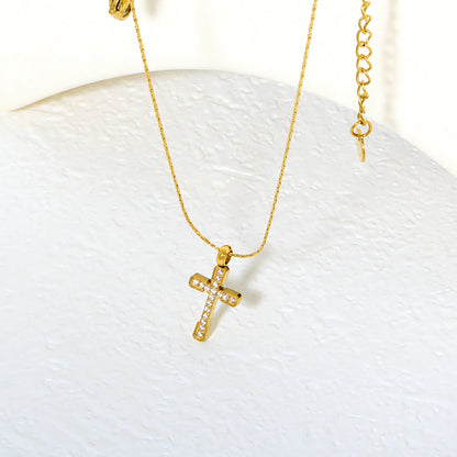 ✨ Wholesale Gold Stainless Steel CNC Zirconia Cross Necklace | 9.7*15mm Detailed Cross Pendant | 0.3mm Twist Chain 40+5cm with 6mm Lobster Clasp