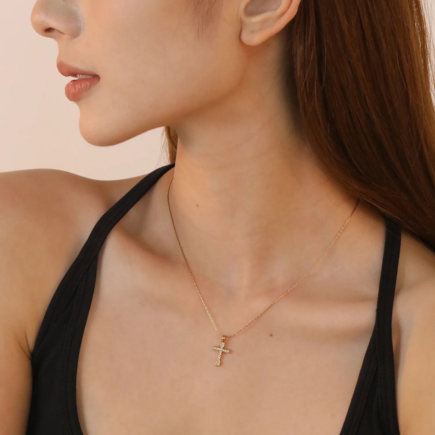 ✨ Wholesale Gold Stainless Steel CNC Zirconia Cross Necklace | 9.7*15mm Detailed Cross Pendant | 0.3mm Twist Chain 40+5cm with 6mm Lobster Clasp