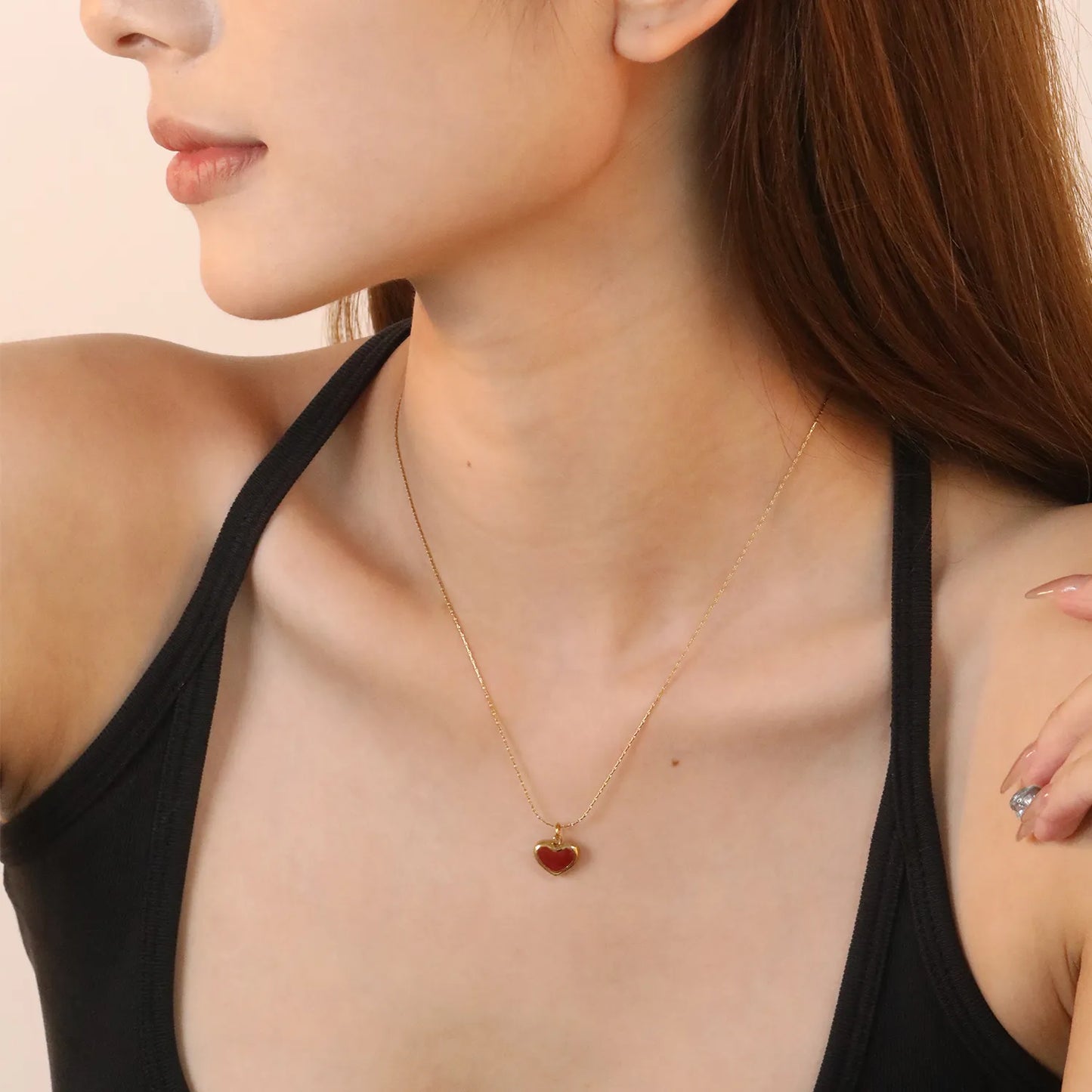 ✨ Wholesale Gold Stainless Steel Heart Red Enamel Necklace | 11.4*9mm Heart with Red Drip Design | 0.3mm Twist Chain 40+5cm with 6mm Lobster Clasp