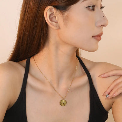 ✨ Wholesale Gold Stainless Steel Octagram Star Round plate Necklace | 18x17mm Star with White Zirconia | 40+5cm Chain with Oval Lobster Clasp