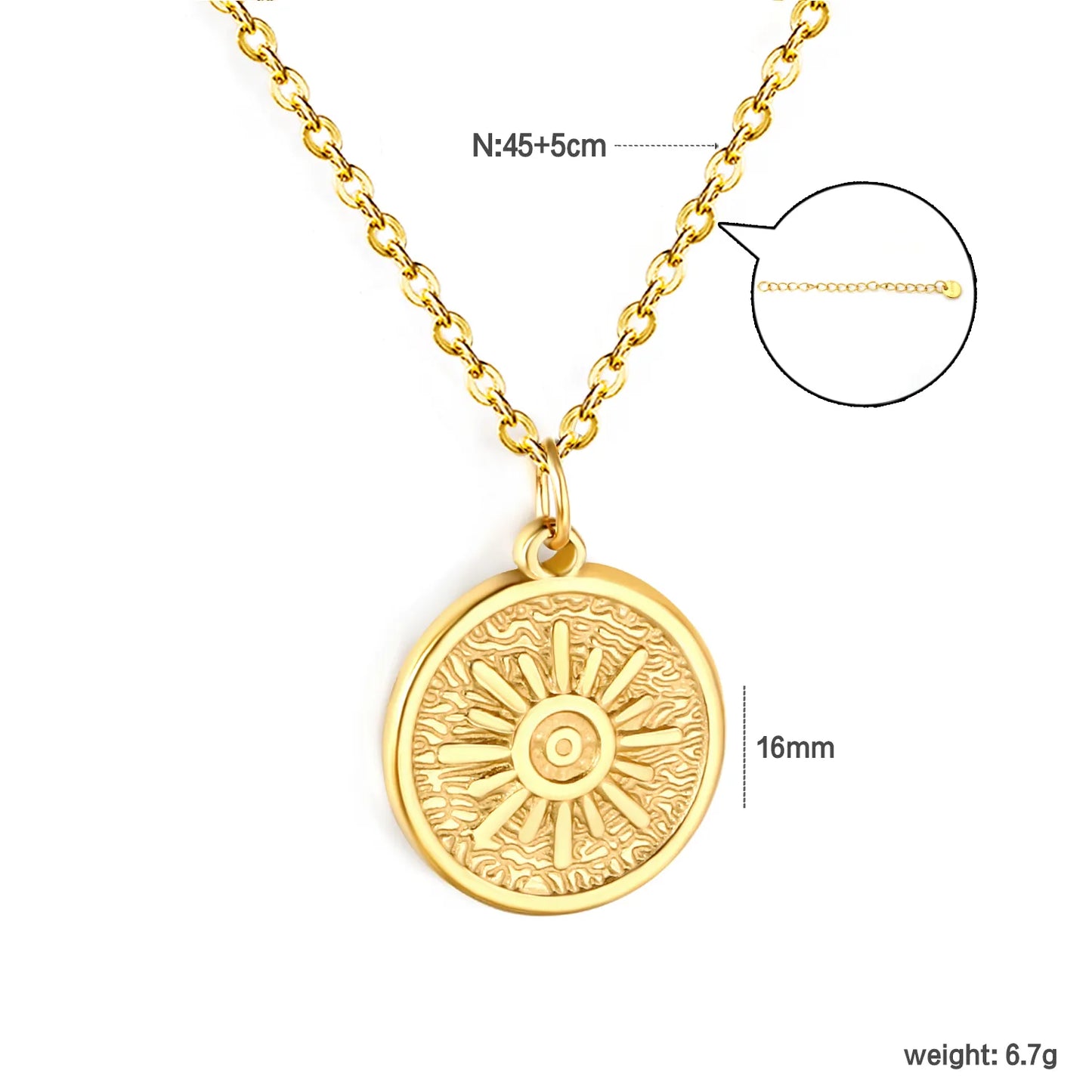 ✨ Wholesale Gold Stainless Steel Sunburst Pendant Necklace | 16mm Radiant Disc Pendant | 45+5cm Chain with Oval Lobster Clasp