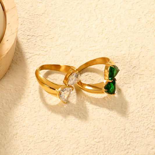 ✨ Wholesale Gold Stainless Steel Open Ring | 19mm Wide with White/Green Zirconia | Adjustable Statement Ring