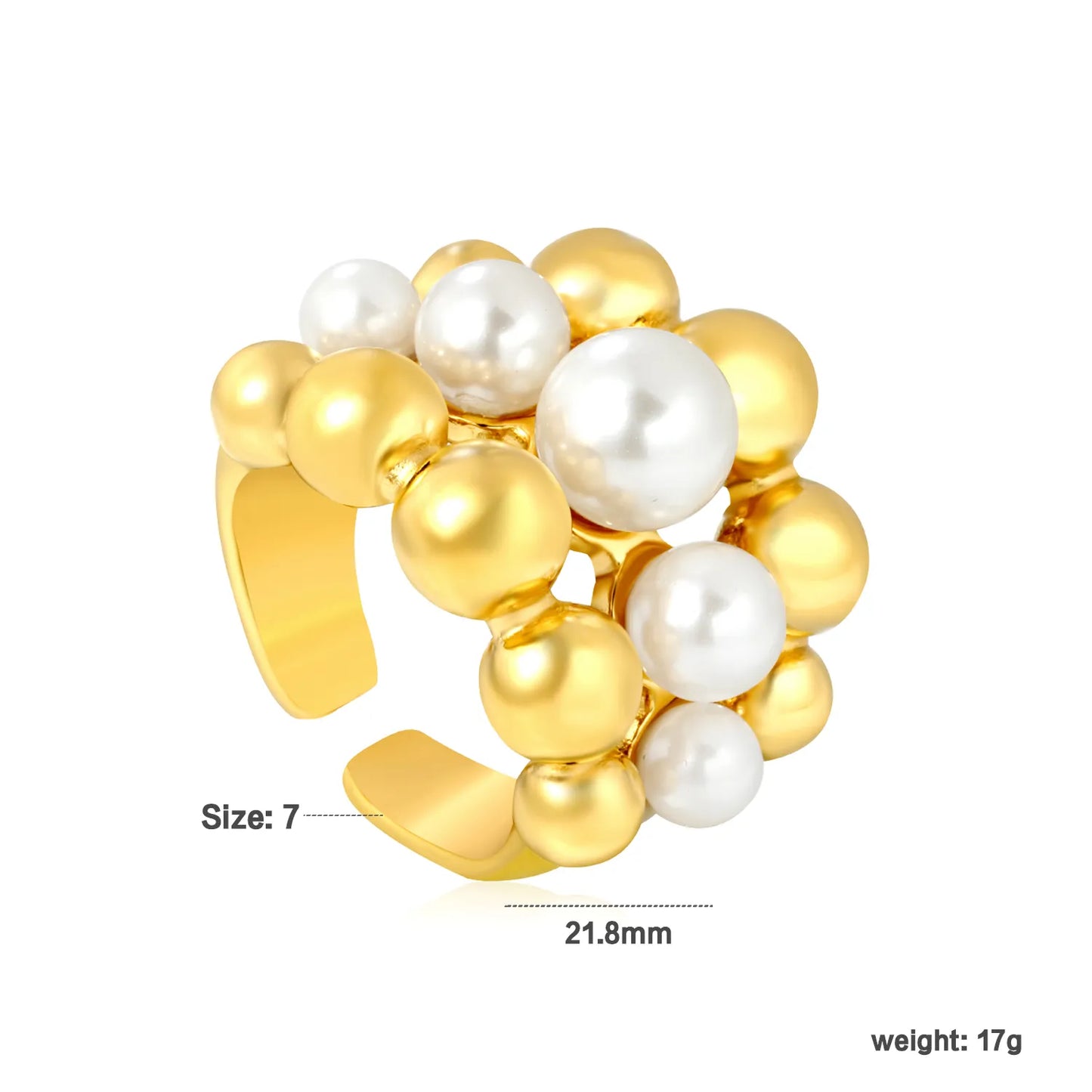 ✨ Wholesale Gold Stainless Steel Open Ring | 21.8mm High Multi-Layer Bead Design | Genuine Freshwater Pearl | Adjustable Statement Ring