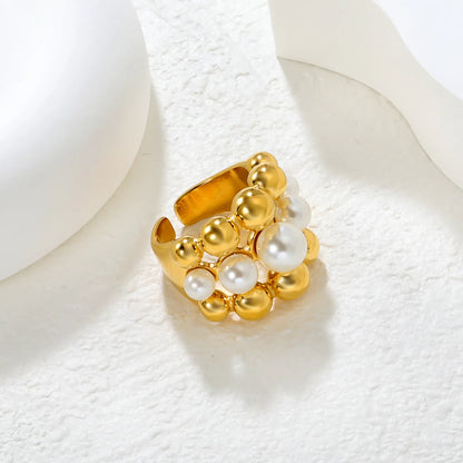 ✨ Wholesale Gold Stainless Steel Open Ring | 21.8mm High Multi-Layer Bead Design | Genuine Freshwater Pearl | Adjustable Statement Ring