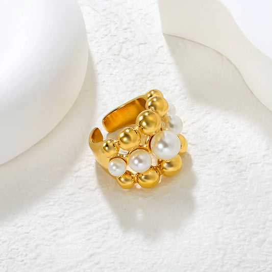 ✨ Wholesale Gold Stainless Steel Open Ring | 21.8mm High Multi-Layer Bead Design | Genuine Freshwater Pearl | Adjustable Statement Ring