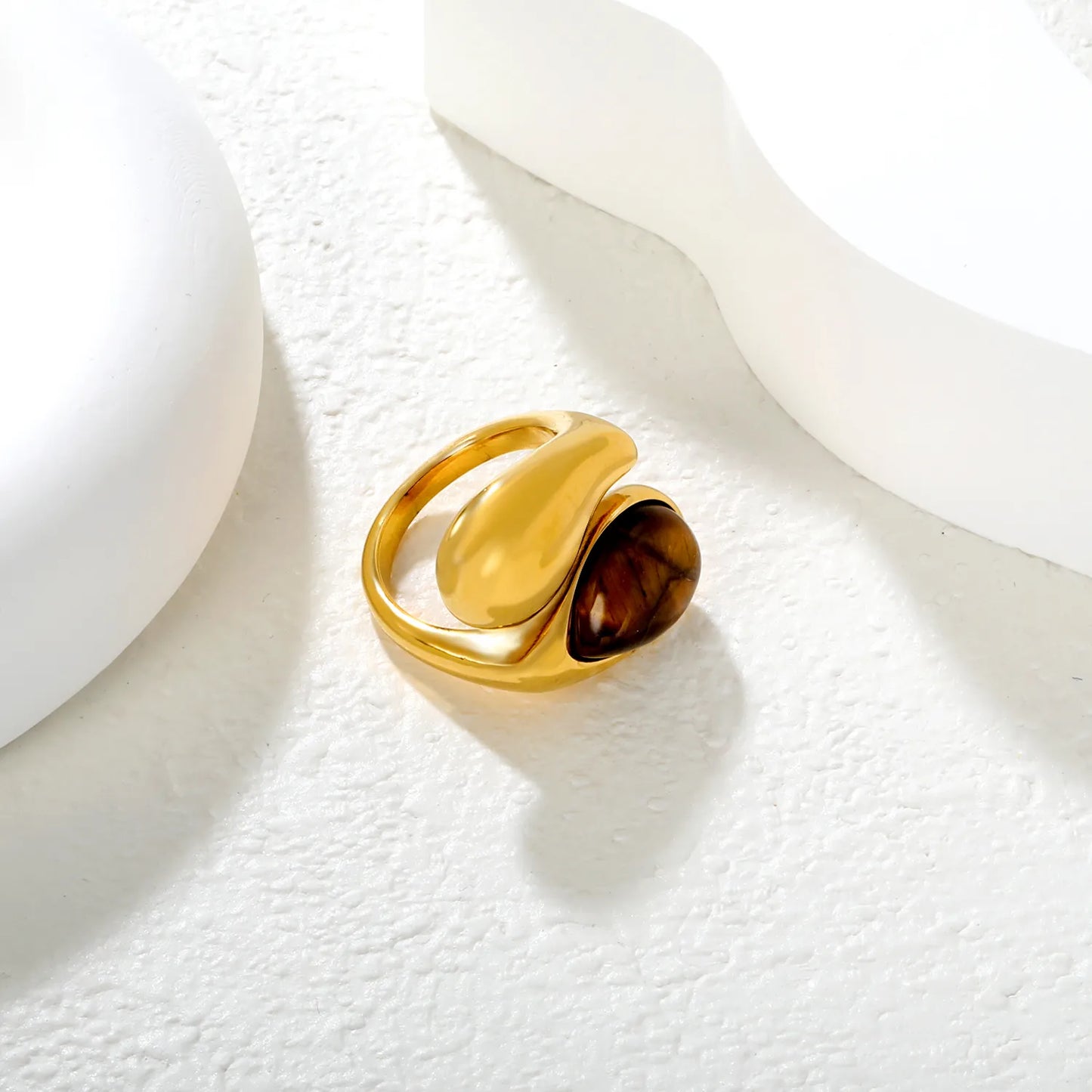 ✨ Wholesale Gold Stainless Steel Statement Open Ring | 22mm High with Faux Pearl/Tiger Eye | Adjustable Boho Ring