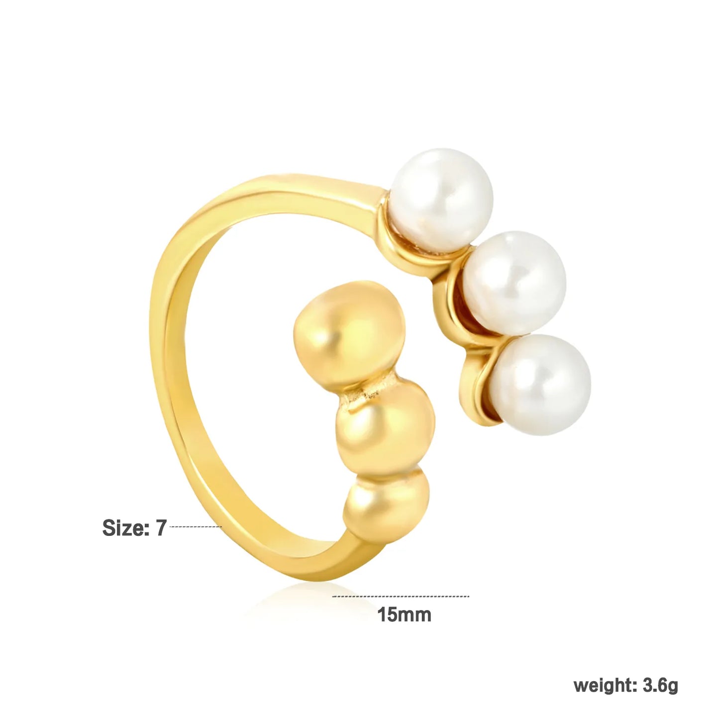 ✨ Wholesale Gold Stainless Steel Open Ring | 15mm High Irregular Double-Layer Beads | Genuine Freshwater Pearl | Adjustable Boho Ring