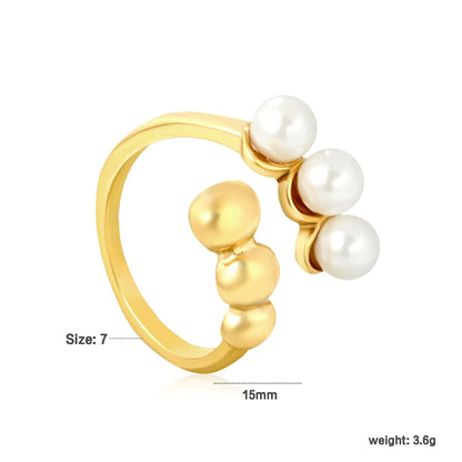 ✨ Wholesale Gold Stainless Steel Open Ring | 15mm High Irregular Double-Layer Beads | Genuine Freshwater Pearl | Adjustable Boho Ring