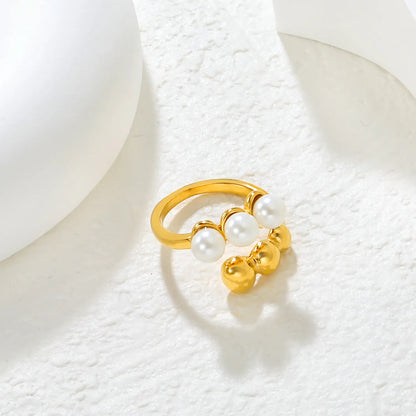 ✨ Wholesale Gold Stainless Steel Open Ring | 15mm High Irregular Double-Layer Beads | Genuine Freshwater Pearl | Adjustable Boho Ring