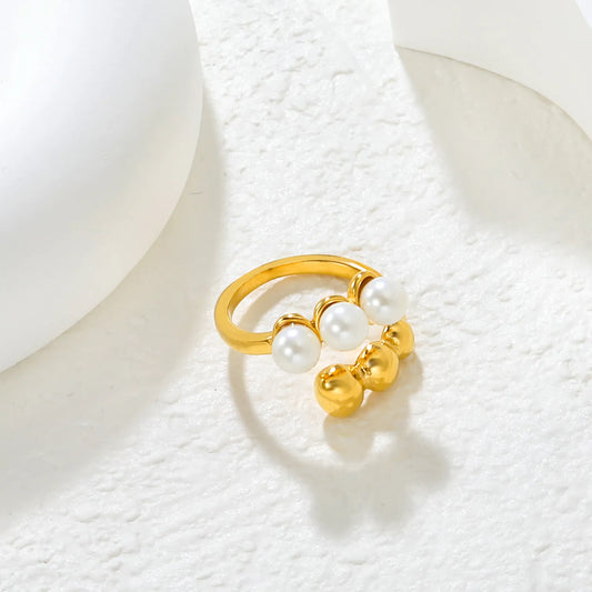 ✨ Wholesale Gold Stainless Steel Open Ring | 15mm High Irregular Double-Layer Beads | Genuine Freshwater Pearl | Adjustable Boho Ring