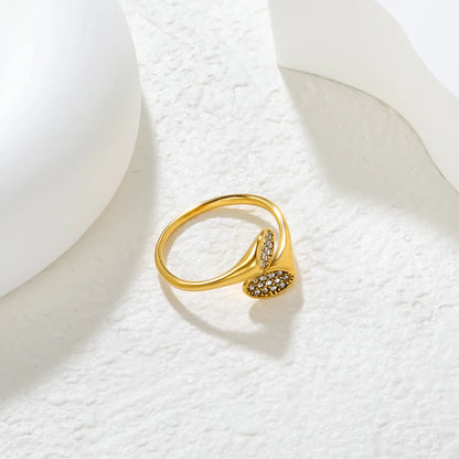 ✨ Wholesale Gold Stainless Steel Double Leaf Open Ring | 11.3mm High with Simulated Czech White Zirconia | Adjustable Nature-Inspired Ring