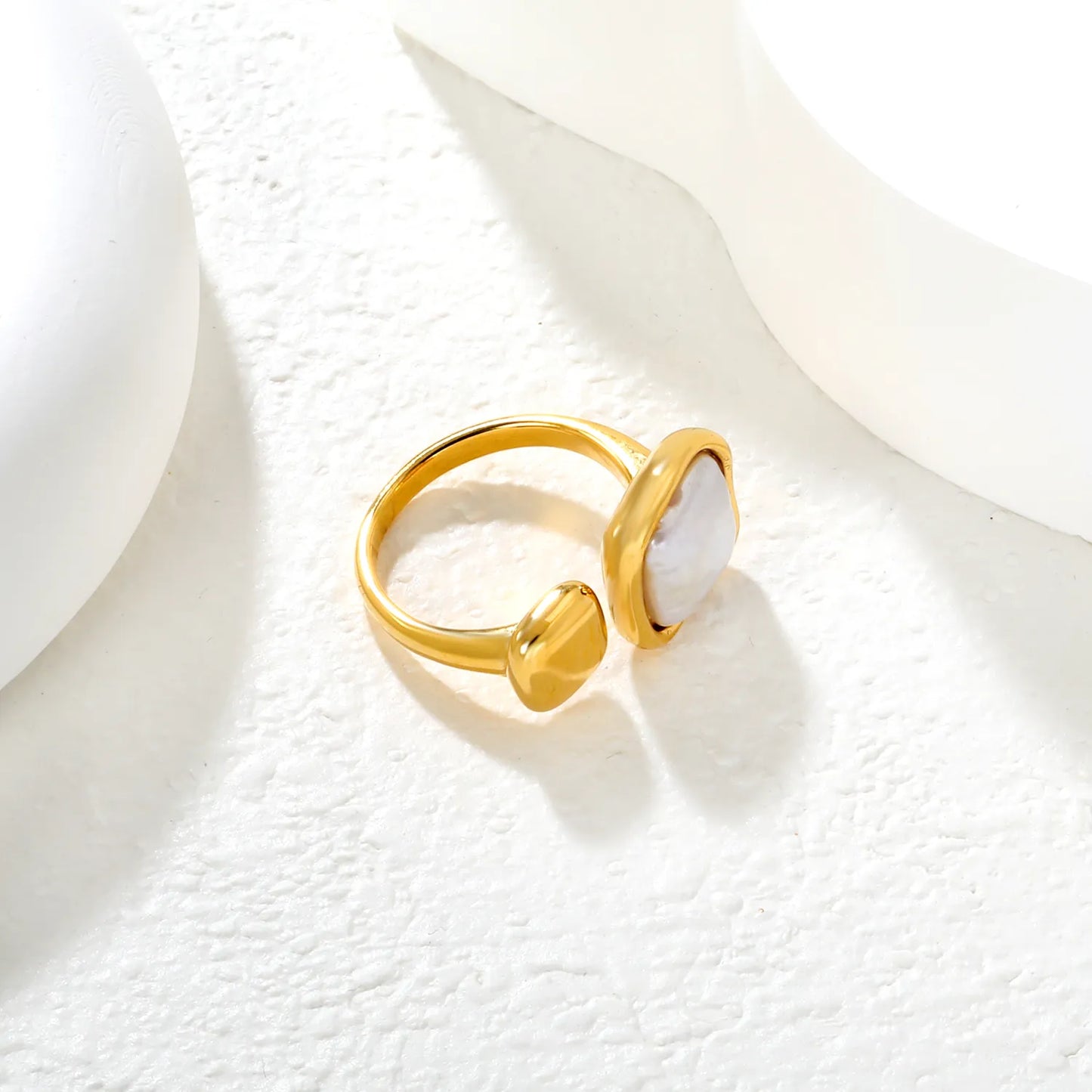 ✨ Wholesale Gold Stainless Steel Tiger Eye & Faux Pearl Open Ring | Adjustable Statement Ring | Bulk Boho Jewelry