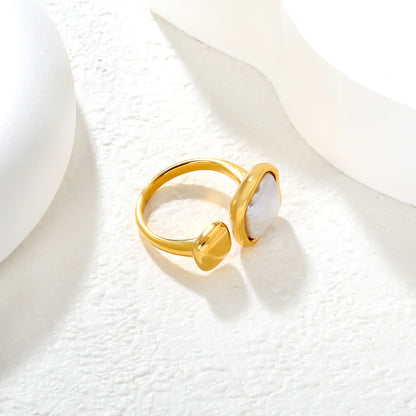 ✨ Wholesale Gold Stainless Steel Tiger Eye & Faux Pearl Open Ring | Adjustable Statement Ring | Bulk Boho Jewelry