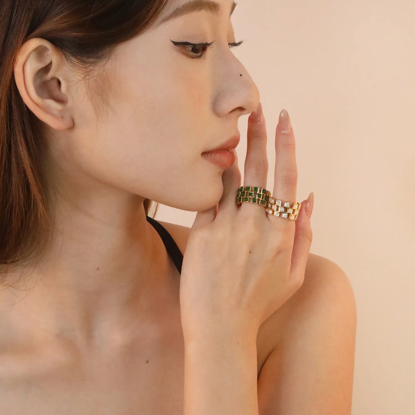 ✨ Wholesale Gold Stainless Steel Semi-Hoop Zirconia Ring | 11mm High Cut-Out Design | White/Emerald Zirconia | Statement Fashion Ring