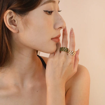 ✨ Wholesale Gold Stainless Steel Semi-Hoop Zirconia Ring | 11mm High Cut-Out Design | White/Emerald Zirconia | Statement Fashion Ring