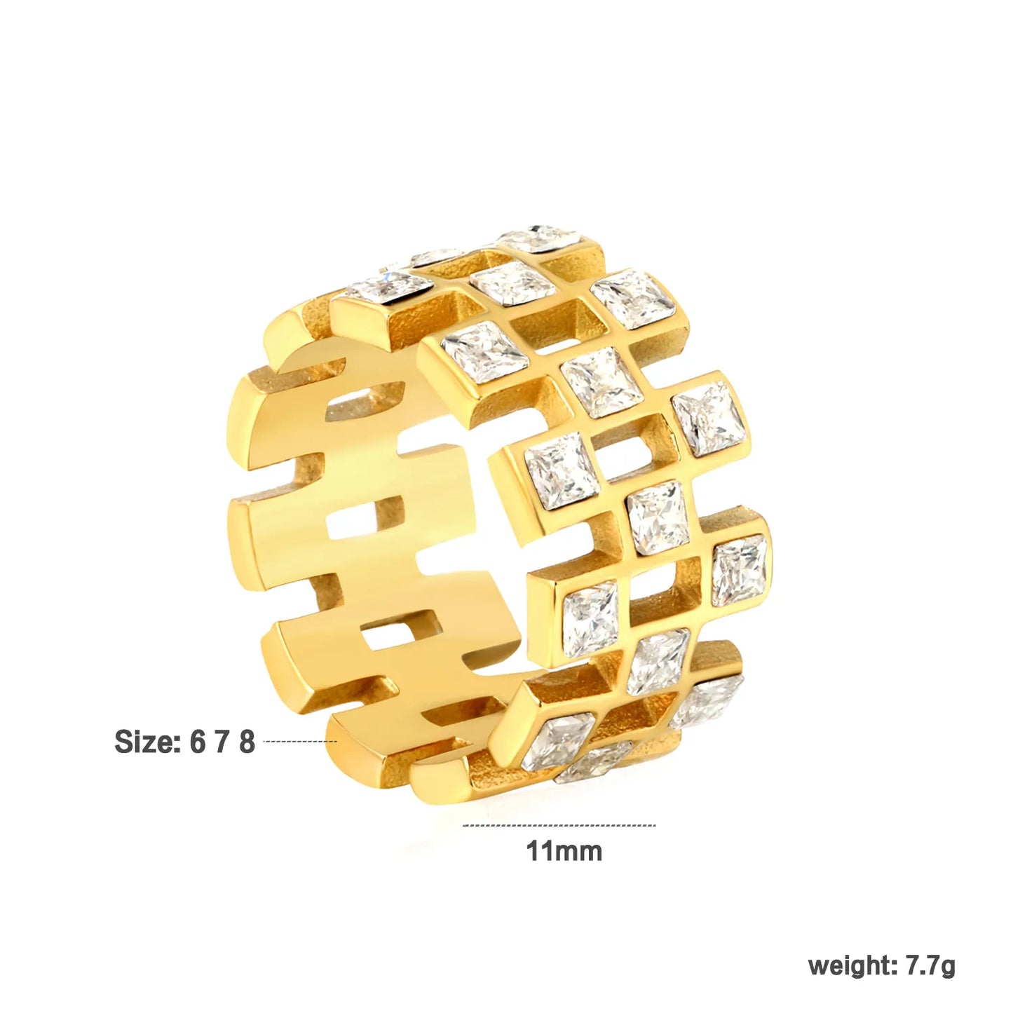 ✨ Wholesale Gold Stainless Steel Semi-Hoop Zirconia Ring | 11mm High Cut-Out Design | White/Emerald Zirconia | Statement Fashion Ring