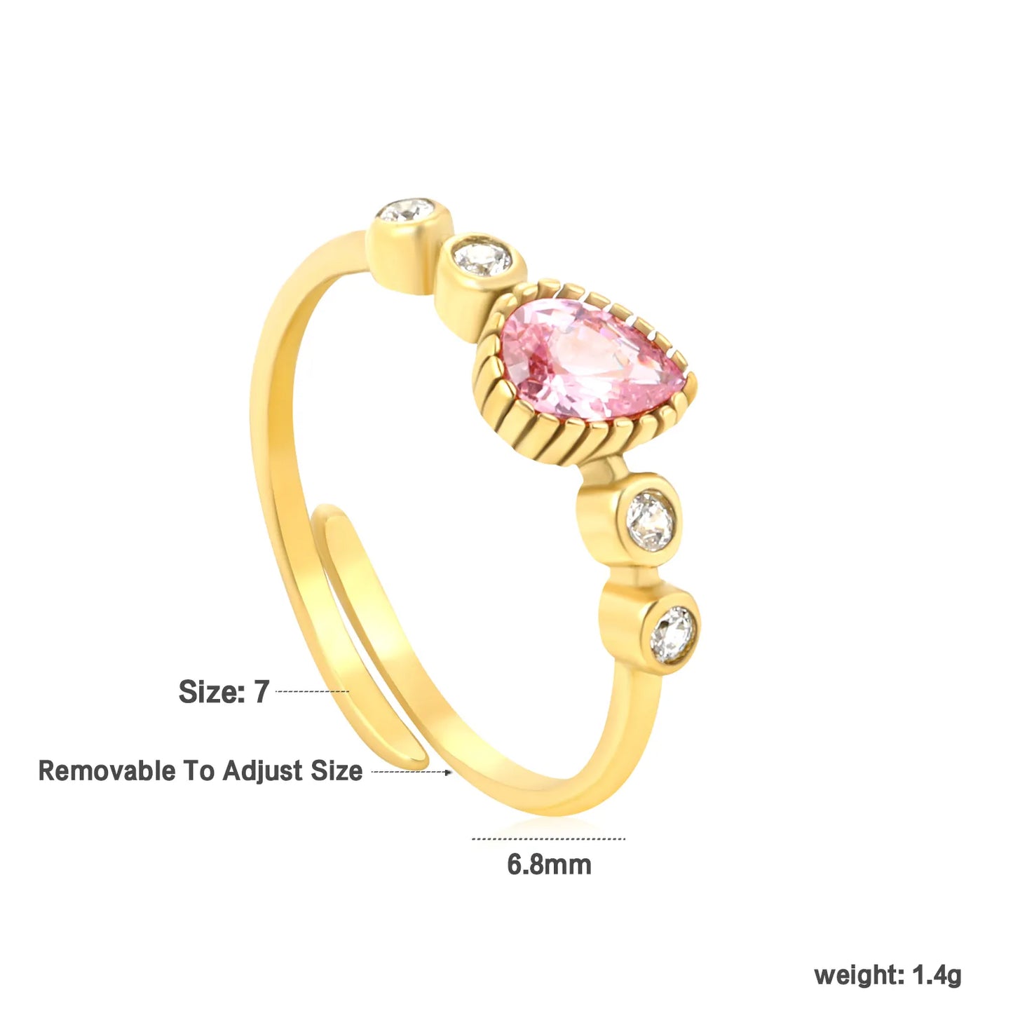 ✨ Wholesale Gold Stainless Steel Pink & White Zirconia Open Ring | 6.8mm Triple Stone Design | Adjustable Stackable Ring