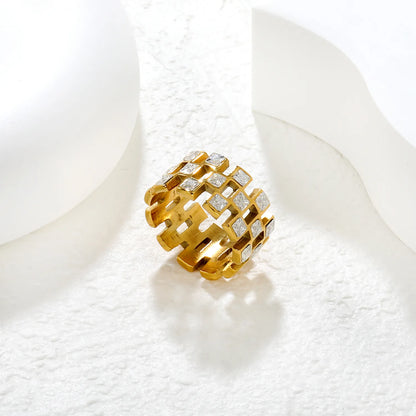 ✨ Wholesale Gold Stainless Steel Semi-Hoop Zirconia Ring | 11mm High Cut-Out Design | White/Emerald Zirconia | Statement Fashion Ring