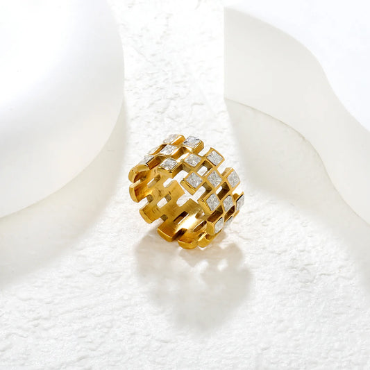 ✨ Wholesale Gold Stainless Steel Semi-Hoop Zirconia Ring | 11mm High Cut-Out Design | White/Emerald Zirconia | Statement Fashion Ring