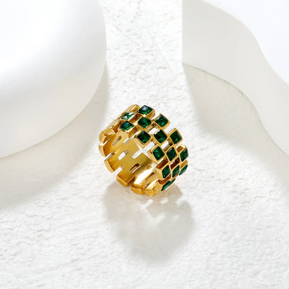✨ Wholesale Gold Stainless Steel Semi-Hoop Zirconia Ring | 11mm High Cut-Out Design | White/Emerald Zirconia | Statement Fashion Ring