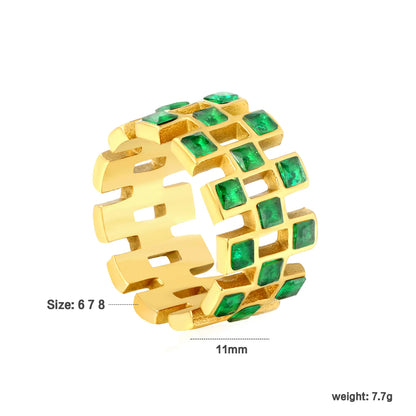 ✨ Wholesale Gold Stainless Steel Semi-Hoop Zirconia Ring | 11mm High Cut-Out Design | White/Emerald Zirconia | Statement Fashion Ring