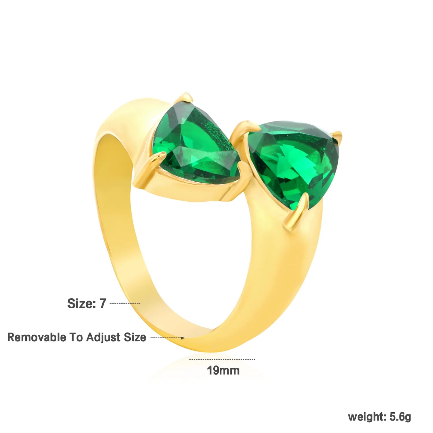✨ Wholesale Gold Stainless Steel Open Ring | 19mm Wide with White/Green Zirconia | Adjustable Statement Ring