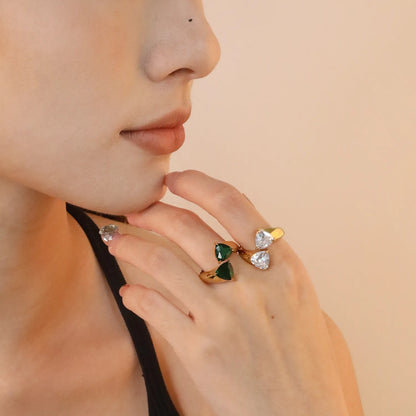 ✨ Wholesale Gold Stainless Steel Open Ring | 19mm Wide with White/Green Zirconia | Adjustable Statement Ring