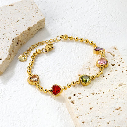✨8.6x8.6mm Rainbow Zirconia Bead Bracelet  5-Color Mix | Gold Stainless Steel 3mm Chain 18+3cm | Bulk Wholesale