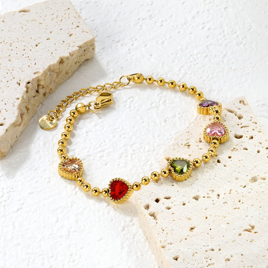 ✨8.6x8.6mm Rainbow Zirconia Bead Bracelet  5-Color Mix | Gold Stainless Steel 3mm Chain 18+3cm | Bulk Wholesale