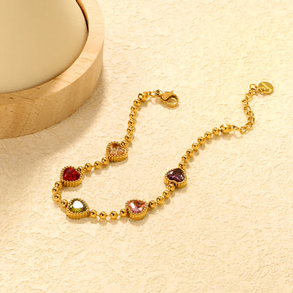 ✨8.6x8.6mm Rainbow Zirconia Bead Bracelet  5-Color Mix | Gold Stainless Steel 3mm Chain 18+3cm | Bulk Wholesale